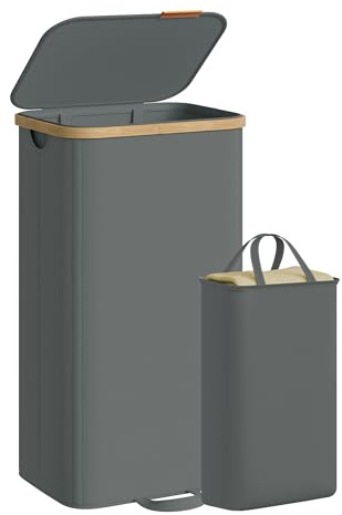 SONGMICS Laundry Basket with Lid, Washing Basket, 26.4 Gal. (100 L) | Removable Liners, Bamboo Frame, for Bedroom, Slate Grey LCB531GN01