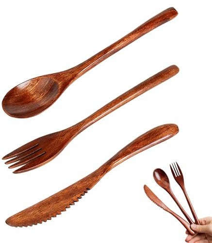 3 Piece Bamboo Travel Cutlery Set Reusable Wooden Spoon Fork Knife with Portable Canvas Pouch Eco Friendly Lightweight Camping Utensils for Lunch Work School Picnic Zero Waste Dishwasher Safe Flatware