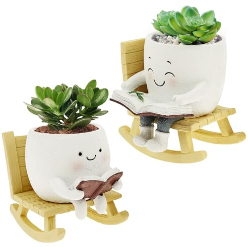 Pot de fleurs avec visage souriant - Chaud - Mini avec chaise à bascule ou panier suspendu - Mignon et exquis - Pour plantes succulentes, petits cactus, menthe, aloe vera (chaise à bascule)