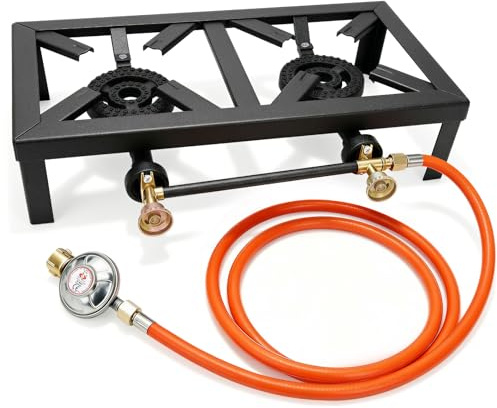 JAOUI Doppelbrenner Gaskocher 8 kW Hockerkocher Campingkocher Gasherd Outdoor,Gaskocher 2-Flammig, Inkl. 1.5m Propangasschlauch & 50mbar Druckminderer,Tragbarer Gas Stove für Camping, Wok und Garten