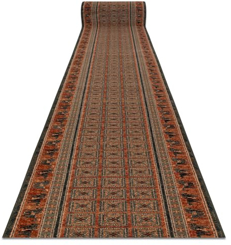 rugsx KASHQAI Läufer 4301/501 - Wollteppich - Teppich für Flur & Wohnzimmer - Orientalisch, Rahmen grün/terrakotta 67x250 cm