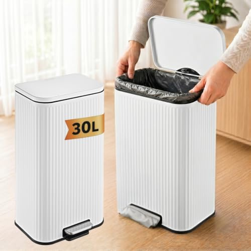 KARAT Poubelle de Cuisine à Pédale Miles avec Couvercle Soft-Close - Acier - Seau Intérieur Amovible - Plusieurs Litres au choix (Blanc, 30 Litres)