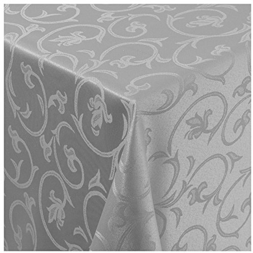 Tischdecke Stoff Damast Barock Jacquard Ranken Design mit Saum oval 160x280 cm Grau