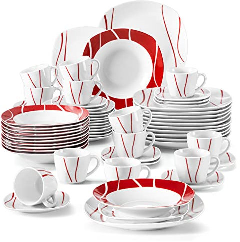 MALACASA Vajillas Completas Modernas Porcelana, 60 Piezas para 12 Personas con 12 Platos llanos, 12 Platos de Postre, 12 Platos hondos, 12 Taza de Café y 12 Platillo, Blanco y Rojo, Serie FELISA