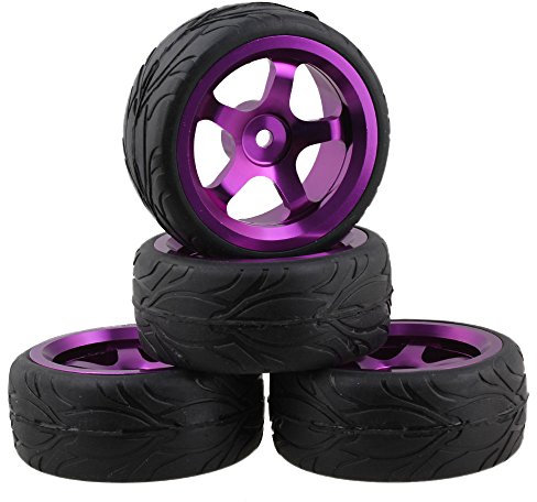 Mxfans Gummi-Reifen mit Fischschuppen-Muster, lila Alufelgen mit 5 Speichen für RC 1:10 On-Road Rennwagen, 4 Stück