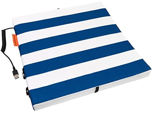 Bumfire Stadion Sitzkissen Beheizbar & Faltbar - Akku Heizkissen Kabellos mit USB Anschluss - Elektrisch Beheizbare Sitzauflage, Wärmekissen, Fussballsitzkissen, Outdoor Kissen - Blau/Weiß - 35x35 cm