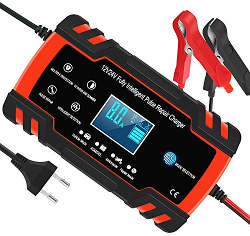 Yomao Autobatterie Ladegeräte 8A 12V/24V Vollautomatisches Batterieladegerät KFZ mit LCD-Bildschirm Erhaltungsladegerät für Auto und Motorrad (für Batterien von 6Ah-150Ah)