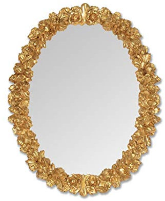MO.WA Wandspiegel Spiegel Blattgold 74x94 Ovaler Dekospiegel Klassischer Holzspiegel oval Gold Romantischer Dekorativer Spiegel - hochwertiger Spiegel Barock Wohnzimmer Schlafzimmer