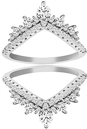 Uloveido Damen 925 Silber Runde CZ Krone Trauring Guard Verlobungsring Enhancer 2pcs V Stapel Ringe Set (Größe 18.8)