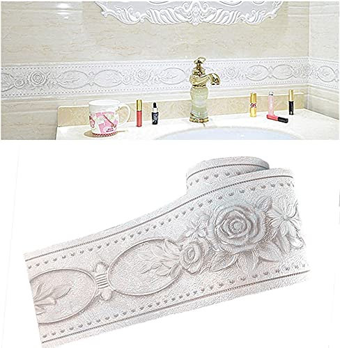 No-brand Elegant Wallpaper Ribbon with White Pink Floral Pattern with Waterproof 3D Wall Sticker -10cm x 5m