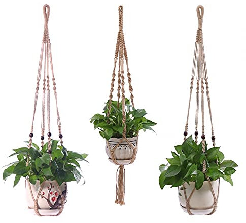 DONGKER Makramee Blumenampel, 3er/4er Set, Boho Deko Baumwollseil Blumentopfhalter, Blumentopf Pflanzen Halter Aufhänger für Innen Außen Decken Balkone Wanddekoration