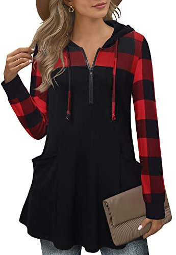 Gaharu Weihnachten Pullover Kapuzen Damen Strickhoodie 1/4 Zip Longshirt V-Ausschnitt Longsleeve Hoodies Lang Oversize Weiches Dünne Plus Size Top Kapuzenoberteil Elegant Slim Fit Rot Kariert,XXL