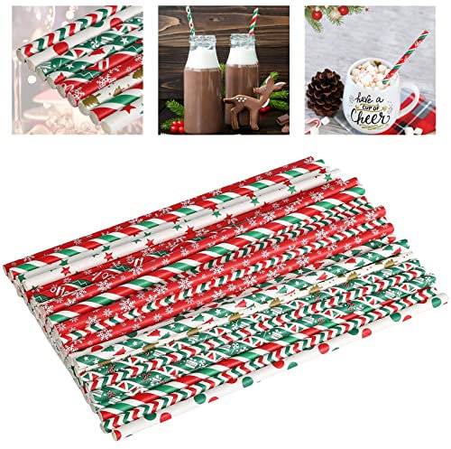 Qipiray Lot de 50 pailles en papier de Noël - Rouge/blanc/vert - Pailles en flocons de neige / sapin de Noël / étoiles / rayures / motif cadeau pour fête de Noël - Biodégradables