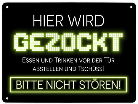 Hier wird gezockt Metallschild XL in 21x28 cm für Gamer in gelb lustige Geschenkidee für Jungen und Mädchen die Computerspiele lieben und am liebsten den ganzen Tag zocken würden