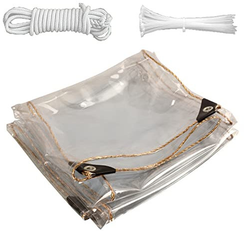 Apoliena Wasserdicht PVC Transparente Plane,0,35mm Dicke,50cm Ösenabstände,450g/㎡Faltbar PVC-Material Vordächer mit Ösen,Balkon,Abdeckplane Gartenmöbel(3x6m/9.9x19.7ft) Enthalten Seil und Kabelbinder