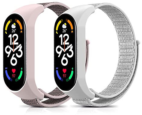 SeNool Cinturino Compatibile con Xiaomi Smart Band 7, [2 Pezzi] [Nylon Ricambio Bracciale] [Leggero, Resistente], Band per Xiaomi Mi Band 7/Mi Band 6/Mi Band 5 - Bianco + Rosa