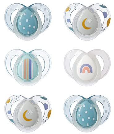 Tommee Tippee Schnuller für die Nacht, symmetrisches kieferorthopädisches Design, BPA-freies Silikonbeutel, 6—18 m, Packung mit 6 Schnullern