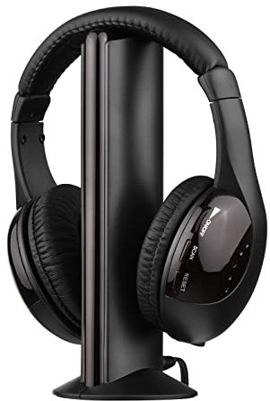 Caigou 5-en-1 Multifonctionnel Casque sans Fil FM Hi-Fi - Émetteur et Récepteur Radio FM pour Ordinateur, Moniteur TV - Filaire avec Microphone pour Écouter la TV et Chat Vocal