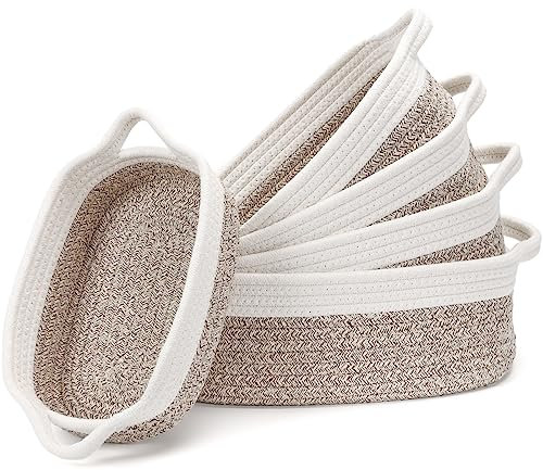 Cinnani Cestas Almacenaje Tejidas con Cuerda de Algodón Juego de 5, Cestas Almacenaje Bebe, Cestos Organizadores, Cestas Organizadoras para Salones, Armarios, Juguetes y Baño (Blanco/Desierto)