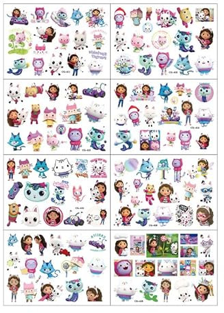 200Pcs Gabby's Dollhouse Kinder Temporäre Tattoos Ꮆäbby's Döllhöüse Tattoo Stickers Set Party Favor Tattoo Aufkleber (8 Blätter)