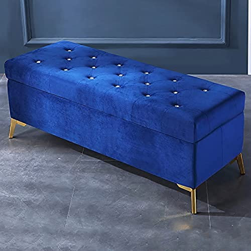Luxurious Crystal Button Storage Bench,Velvet Upholstered End Of Bed Bench,Modern Decoration Furniture Living Room,Navy Blue,90X42X45Cm(35X17X18Inch)
