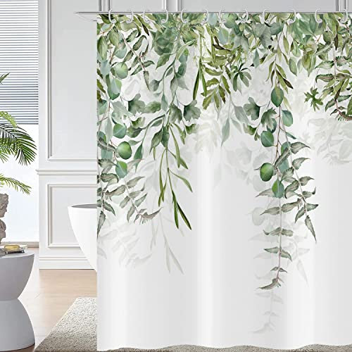 Hnmdmyi Rideau de Douche Vert Feuilles 180x200, Feuilles d'eucalyptus Rideau de Douche Aquarelle Plante Botanique Naturelle Rideau de Baignoire Imperméable Polyester Tissu Lavable Rideau de Bain