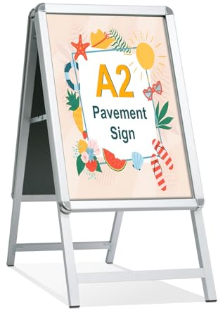 STANDNEE A2 Tablero de letreros con marco de letrero de pavimento Pantalla de doble cara Tablero Soporte para letreros de soporte para publicidad (Plata-A2)