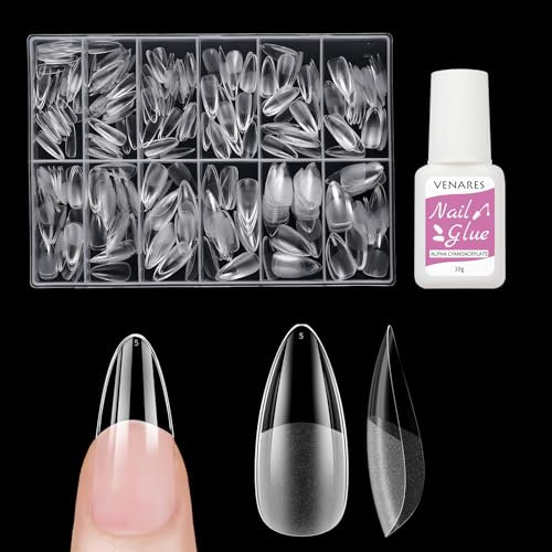 Unghie Finte Corte in Gel, Venaes 500 Pezzi Mandorla Tip Unghie Ricostruzione 10 Taglie Set Unghie Finte con Colla,Full Cover Gel Tip Unghie Trasparenti