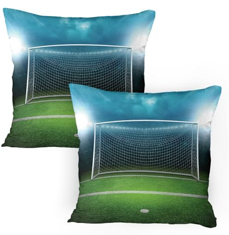 ABAKUHAUS Fußball Kissenbezug Packung mit 2, Soccer Goal Post Sportbereich Gewinner Verlierer Linie Flutlicht Best Team Finals Spiel Thema, Dekorativer Gedruckter Kissenbezug, 80 x 80 cm, Grün blau