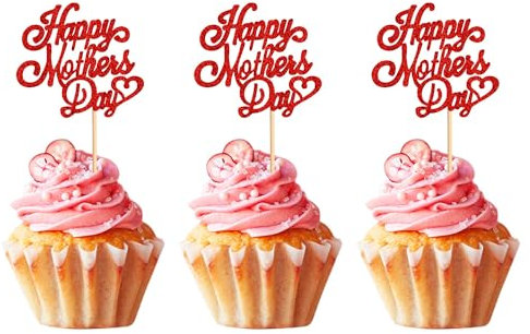 Blumomon 24 Stück Glitzer Happy Mothers Day Cupcake Topper Beste Mama Kuchendeko Mutter Cupcake Topper für Muttertag Party Kuchendeko