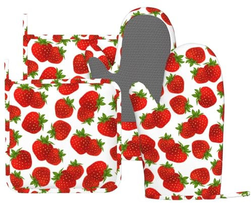 MIFSOIAVV Süße Erdbeer-Ofenhandschuhe und Topflappen-Set, Silikon-Erdbeeren, Küchenhandschuhe, Erdbeer-Topflappen, hitzebeständig, 4 Ofenhandschuhe, heiße Pads für Küche, Backen, Kochen, Grillen, 4
