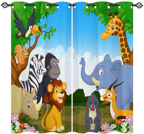 ANHOPE Dschungel Wald Safari Tier Vorhänge mit Ösen Blickdichte Gardinen Thermo Vorhang Blackout Curtain Schlafzimmer Wohnzimmer Kinder Jungen Mädchen Verdunklungsvorhänge 2er Set H 175 x B 140 cm