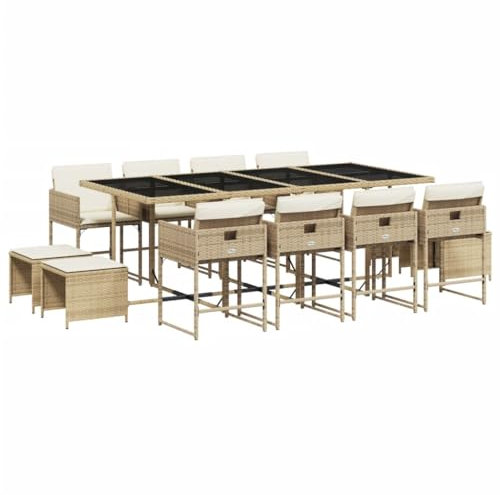 vidaXL Garten Essgruppe 13-TLG., Gartenmöbel Set mit Kissen, Gartengarnitur Tisch 8 Stühle 4 Hocker, Sitzgruppe Sitzgarnitur, Beige Poly Rattan