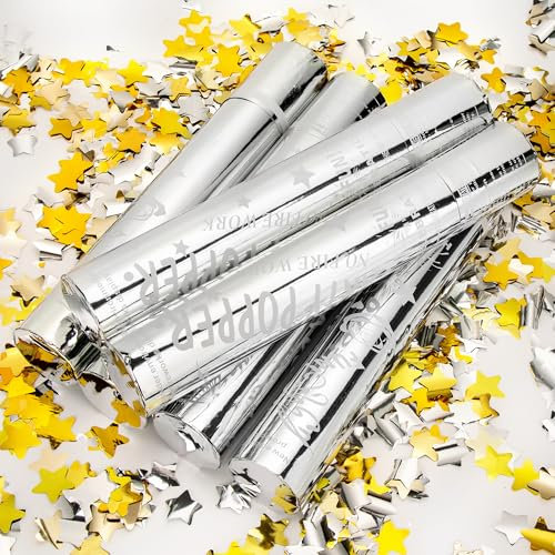 MILIFOX 6 Stück Konfettikanone - Goldene Konfettikanonen,30cm Konfetti-shooter,Fröhliches Dekorieren,Konfettikanone Star für Geburtstagsparty,Hochzeit,Innen- und Außeneinsatz(Gold+Silve Star) Shape)