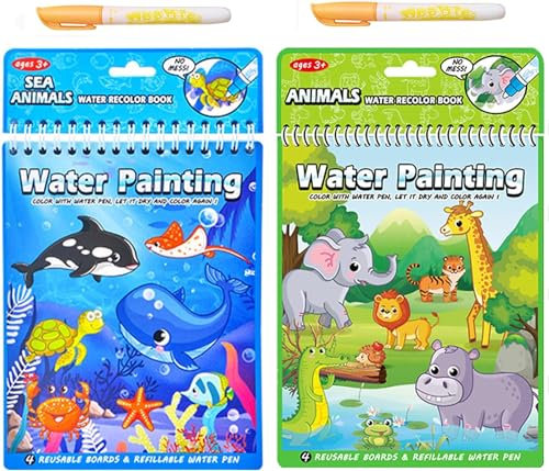 2 Pcs Wassermalbuch mit 2 Wasserstift, Magic Water Book for Children, Wiederverwendbare Magic Water Colouring Book, Pädagogische Zeichenspielzeuge für Kinder