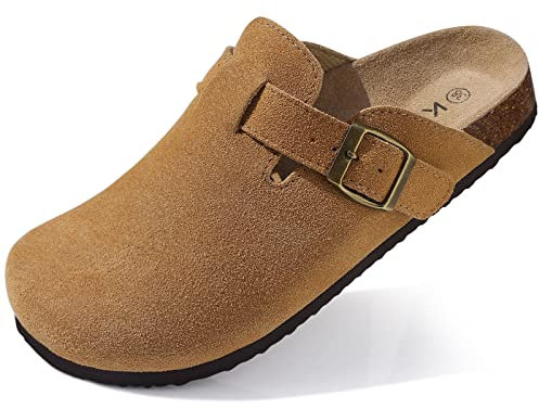 shevalues Women's Suede Clogs Leather Mules Cork Footbed Sandals Slides Potato Shoes with Arch Support Brown