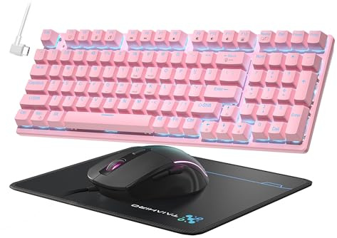 Mechanical Gaming Keyboard and Mouse, 98 Keys LED Backlit Keyboard with Floating Keycap, Ergonomic RGB Gaming Mouse with Mouse Pad Combo, Full Anti-Ghost Wired Keyboard for PC Laptop Gamer, Pink