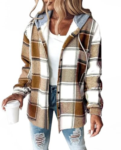 Minetom Veste a Carreaux Femme Chaud Doublure Polaire Sweat à Capuche Manches Longues Hoodie avec Boutons Automne Hiver Manteau A Kaki L