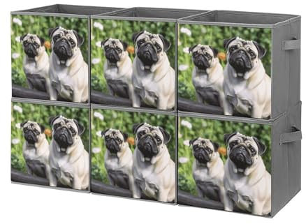 KLWQR Aufbewahrungswürfel, faltbar, wasserdicht, würfelförmig, Aufbewahrungskorb mit Griffen, Mops im Garten, Spielzeug-Aufbewahrungsbox für Zuhause, Schränke, Büros, Schlafzimmer, 6 Stück