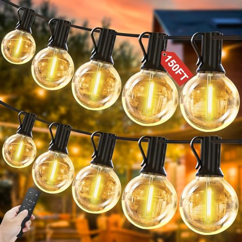 Yuucio Outdoor String Lights Dimmable 150FT, 45M LED Festoon Lights with Remote Control Mains Powered with 75+2 Shatterproof G40 Plastic Bulbs, Waterproof Garden Light for Garden,Patio,Gazebo