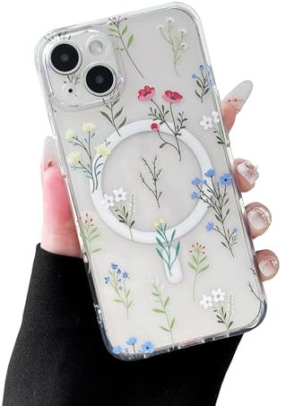 RALEAVO Magnetic Case for iPhone 14, Compatible with Magsafe Cute Flower Girls & Women Clear Case Silicone Shockproof Protective Cover with Floral Pattern Case for iPhone 14-Daisy