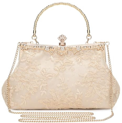 BAIGIO Clutch Damen 1920s Abendtaschen Damen Vintage Clutch Kleine Tasche Floral Elegant Handtasche Umhängetasche für Party Hochzeit Brauttasche Spitze Kettasche Champagner