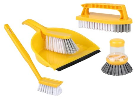 House Cleaning Kit Washing Up Brushes Set 5 Pieces Dish Brush Hand Scrubbing Brush Soap Dispensing Palm Brush Dustpan and Brush Set Cleaning Bundle for Home Kitchen Sink Bathroom Tile (Yellow)