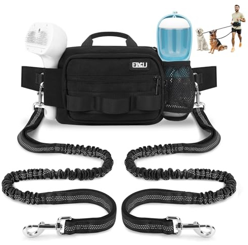 ETACCU Hands Free Dog Lead Running Belt with Waist Belt for Medium Large Dogs Running, Walking, Jogging, Hiking with Dual Handles and Durable Bungee Black (2 Dog Black)