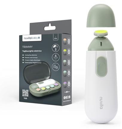 Nuvita 1130 Tagliaunghie Trimmy Lima Elettrica per Unghie di Neonati e Bambini – Sicuro, Delicato e Facile da Usare con Doppia Velocità, Include 5 Testine per Limatura e Custodia da Viaggio
