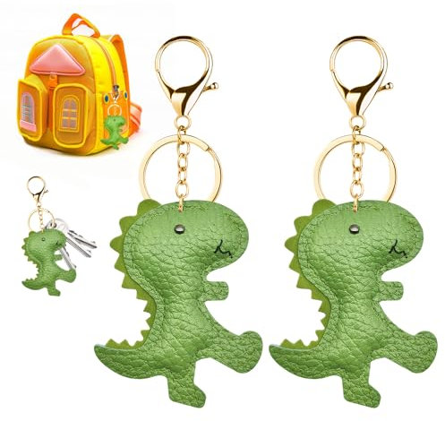 SwirlColor Dinosaurier Schlüsselanhänger, 2pcs Künstliches Leder Lustig Grün Cartoon Tier Schlüsselanhänger Umkehrbare Schlüsselanhänger für Kinder