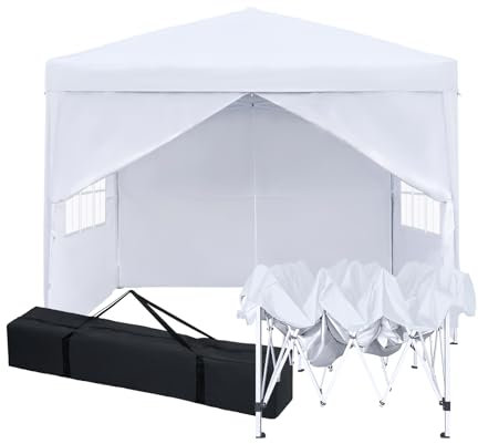 Pavillon 2.5 x 2.5 M,Faltpavillon,Winterfest Wasserdicht Gartenpavillon mit 4 Seitenteilen、Tragtasche,Höhenverstellbar,UV Schutz 50+,Stabil,Metallrahmen,Partyzelt,Gartenzelt für Festival Camping,Weiß