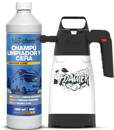 bio-chem Caravan Wasch & Wachs Shampoo 1L Konzentrat inklusive Schaumsprüher - speziell entwickelt für versiegelte Oberflächen - Wohnwagen Reiniger außen mit Carnaubawachs - Caravan Reiniger