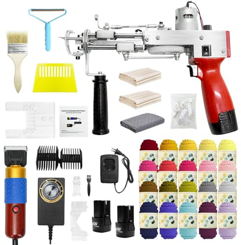 Tufting Gun, Tufting Set Tufting Machine Teppich Tufting Pistolen Teppichschneider 2*2600mAh Akku für Schnittflor Schlingenflor 20 Rollen Garn mit Tufting Tücher Tufting Pistole Teppichherstellungsset
