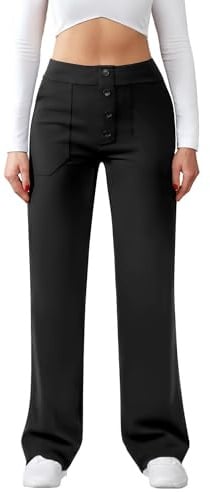 Friptspyg byxor dam hög midja breda byxor knapp raka ben byxor casual arbete byxor stretch yogabyxor med fickor
